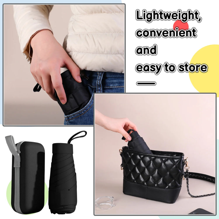 Mini Folding Umbrella with Case, Lightweight Portable Umbrella, Light Compact Rain Umbrella for Travel Outdoor Daily Use, Small Sun & Rain Pocket Umbrella for Girls and Women(Black)