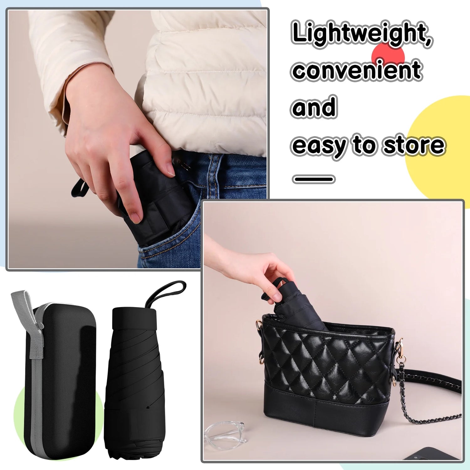 Mini Folding Umbrella with Case, Lightweight Portable Umbrella, Light Compact Rain Umbrella for Travel Outdoor Daily Use, Small Sun & Rain Pocket Umbrella for Girls and Women(Black)